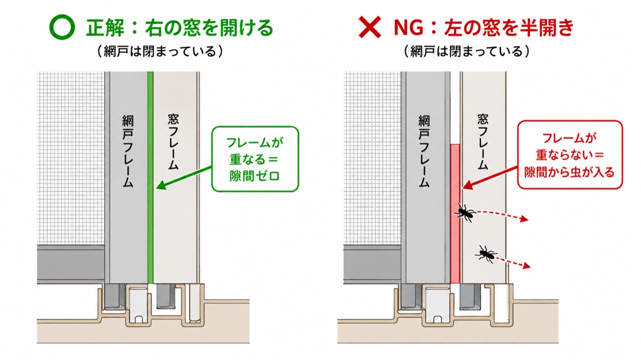 網戸と窓のフレームの重なりを比較した図解。右の窓を開けると隙間ゼロ、左の窓を半開きにすると隙間から虫が入る